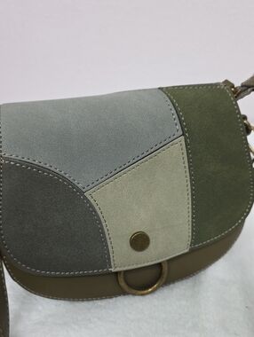 David Jones Colorblock Patchwork Saddle Crossbody Bag Olive Green Taupe